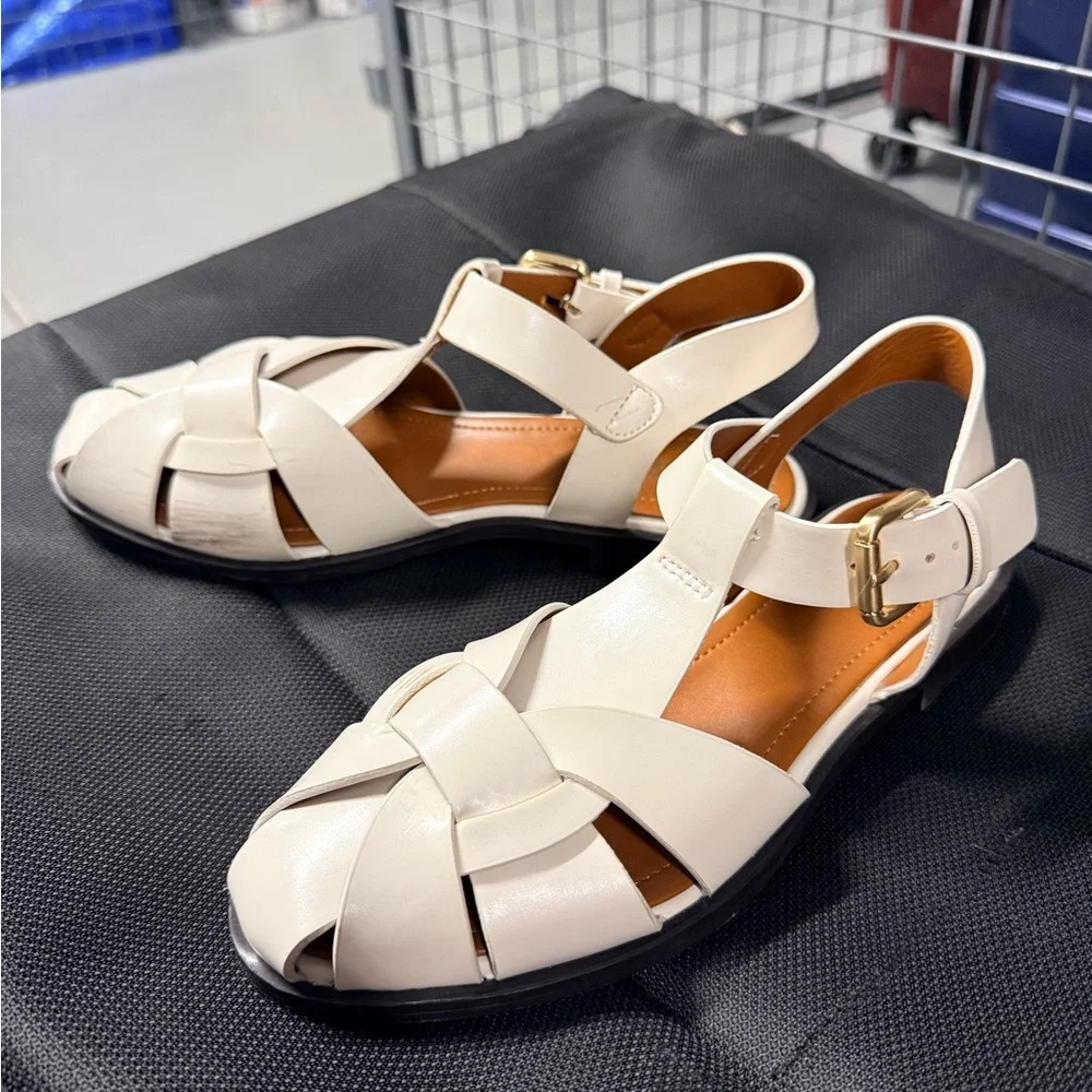 Women's white Leather Sandals - Elegant Woven Design - Picture 2 of 4
